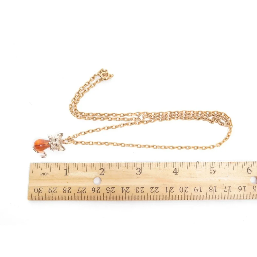 VINTAGE AMBER BEAD KITTY CAT GOLD PLATED PENDANT‎ & CHAIN NECKLACE ANIMAL LOVE